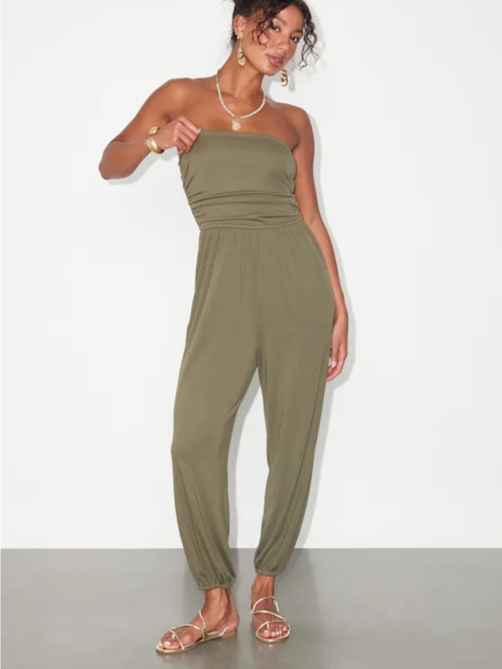 Lulu's Olive Green Strapless Jumpsuit with Ruched Bodice